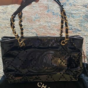 CHANEL Black Patent Leather perforated bag STUNNING condition!!!